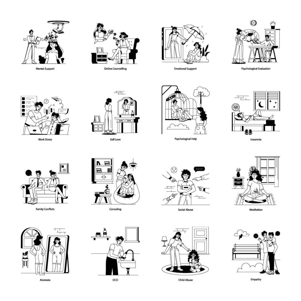 Collection of 16 Mental Health Glyph Illustrations vector