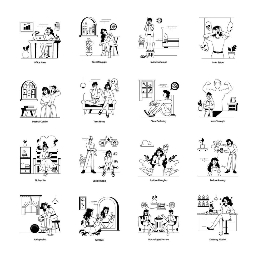 Set of Mental Disorders Glyph Style Illustrations vector