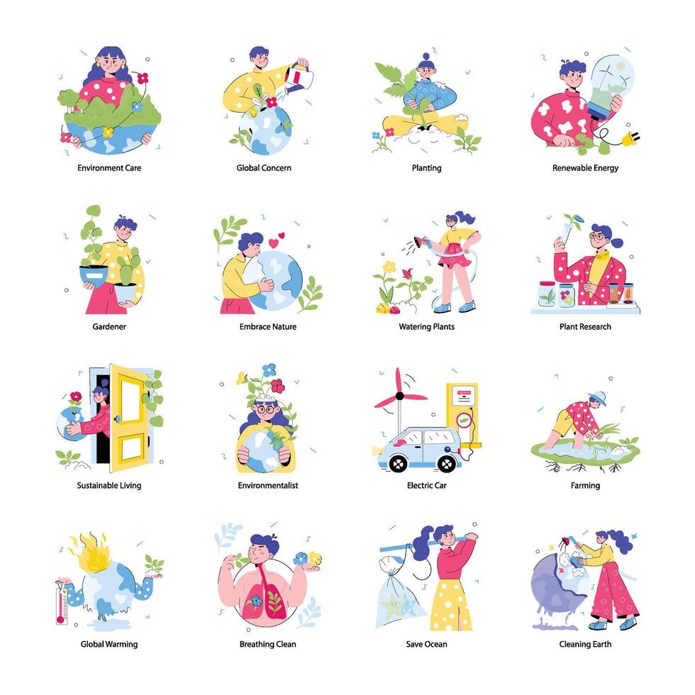 Set of 16 Ecology Doodle Mini Illustrations vector
