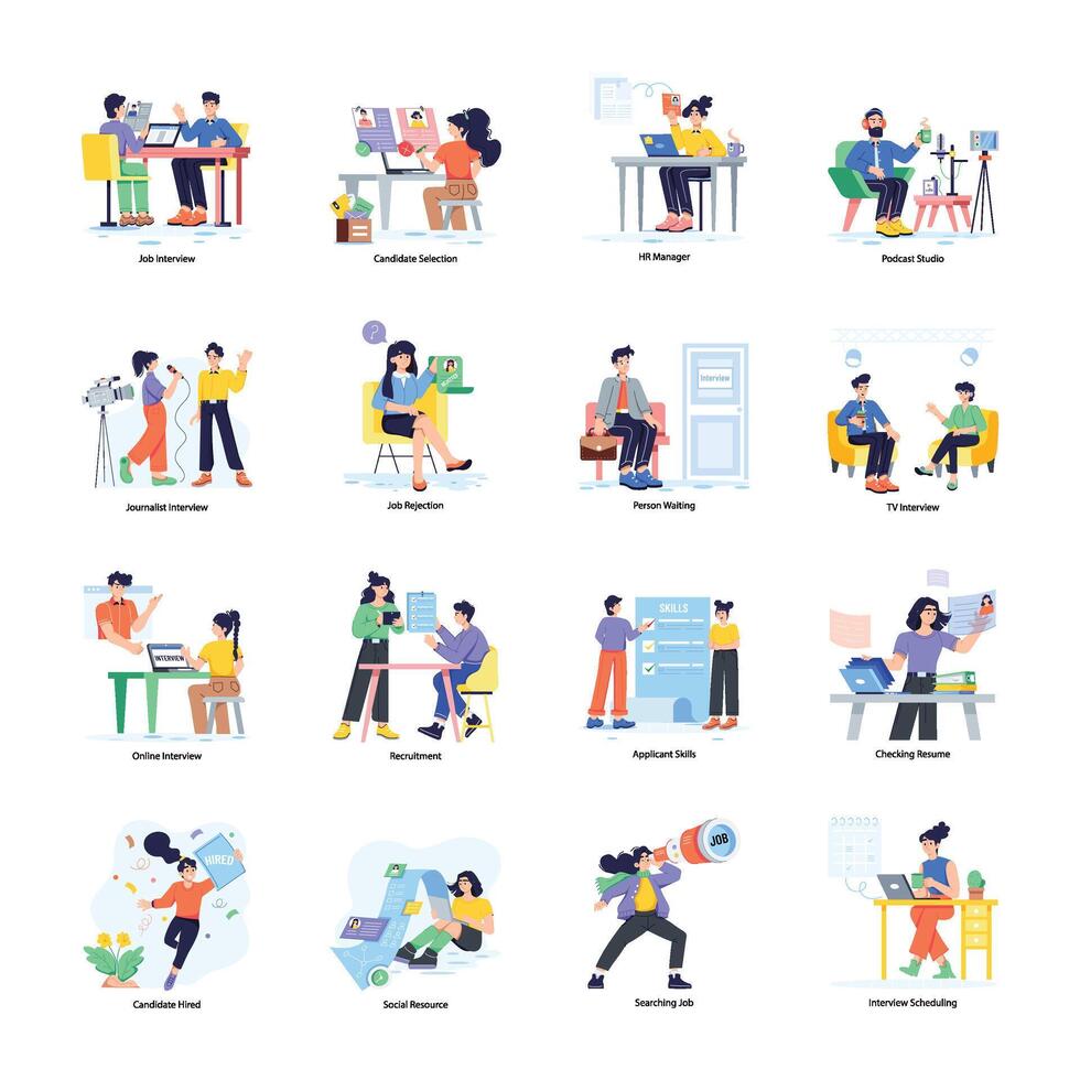 Set of 16 Interviews Flat Character Illustrations vector