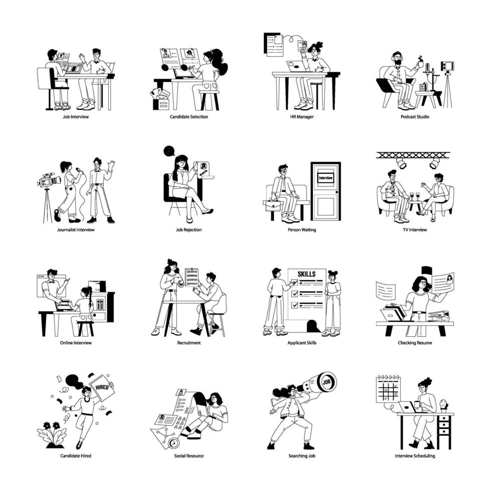 Set of 16 Interviews Glyph Character Illustrations vector