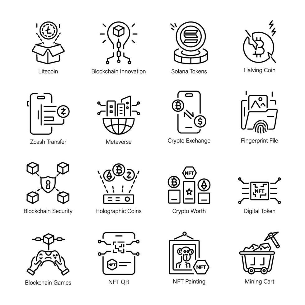 Trendy Linear Icons Depicting Blockchain Technology vector