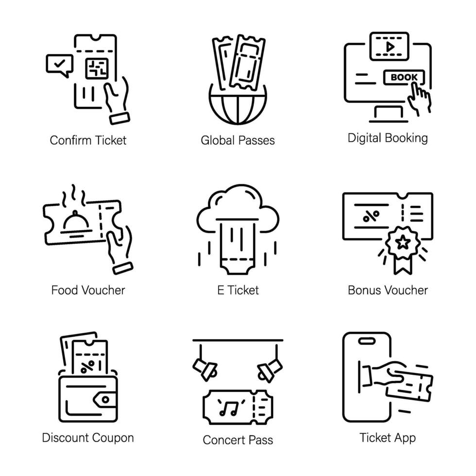 Bundle of Linear Icons Depicting Ticket Booking vector