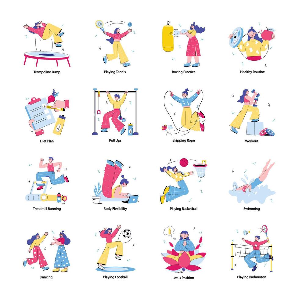 Collection of Fitness Routine Doodle Mini Illustrations vector