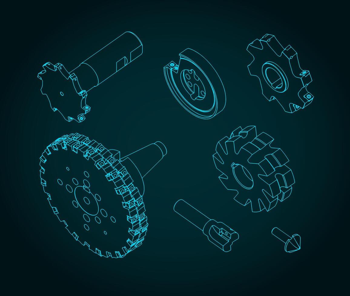 Milling cutters isometric blueprints vector