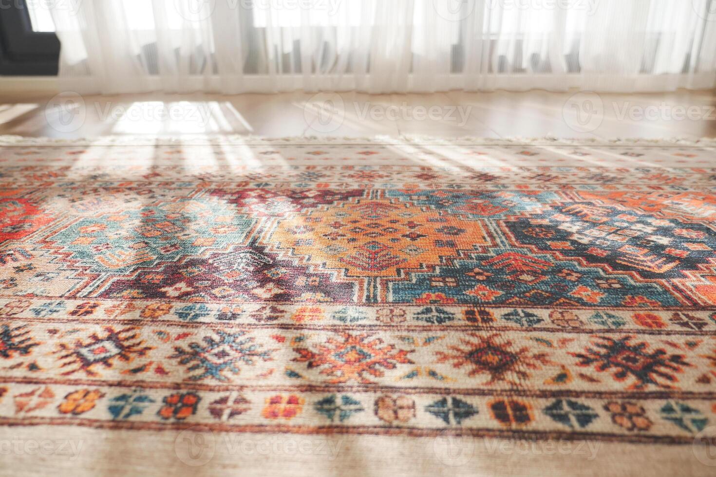 A patterned rug rests on the flooring beside a mirror photo