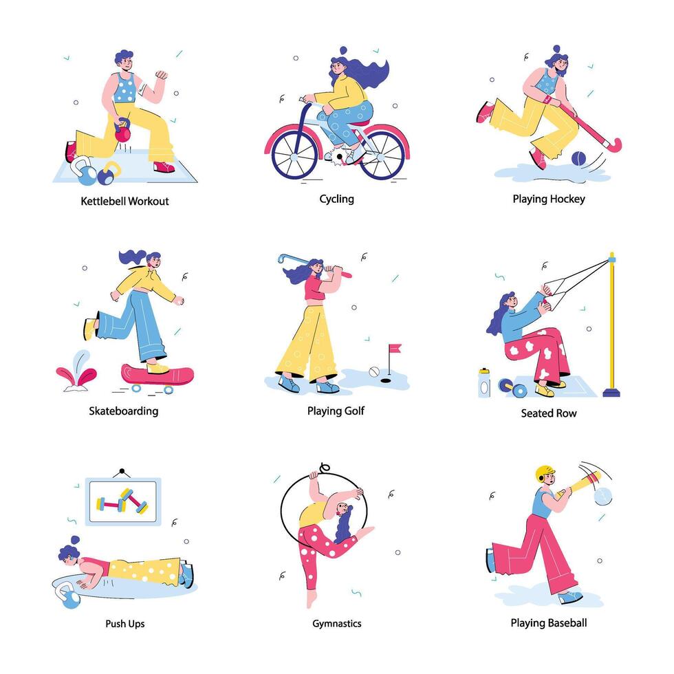 Trendy Doodle Mini Illustrations Depicting Fitness Sports vector
