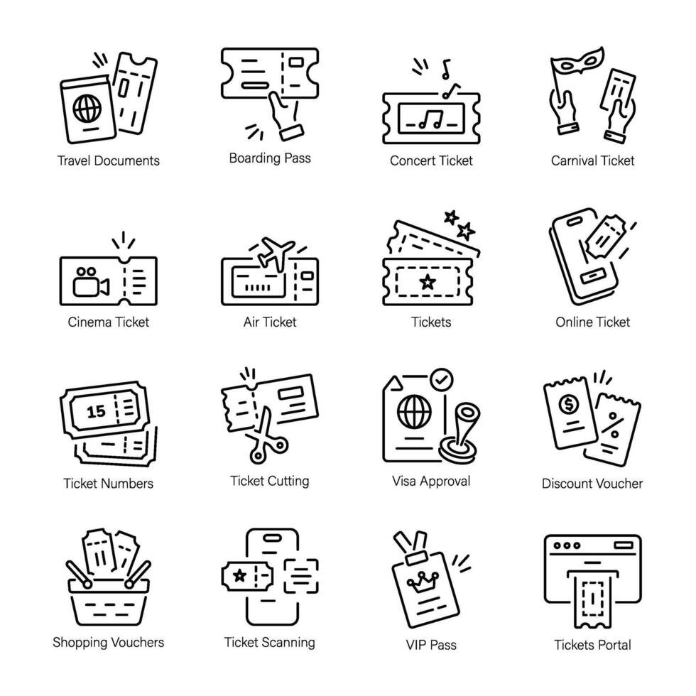Set of 16 Tickets and Passes Linear Icons vector