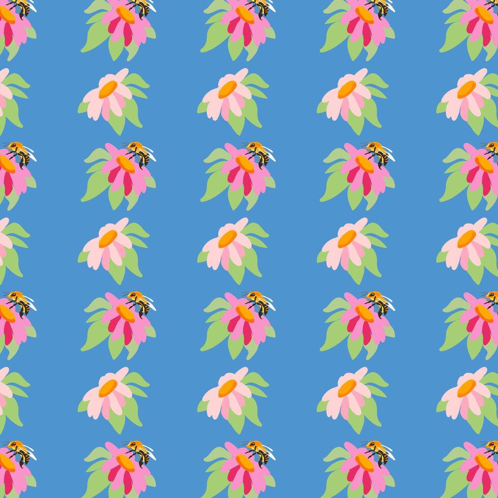Summer background peonies bee Blue seamless pattern spring pink meadow flower ornament Pattern wrapping fabric chintz cambric muslin vector