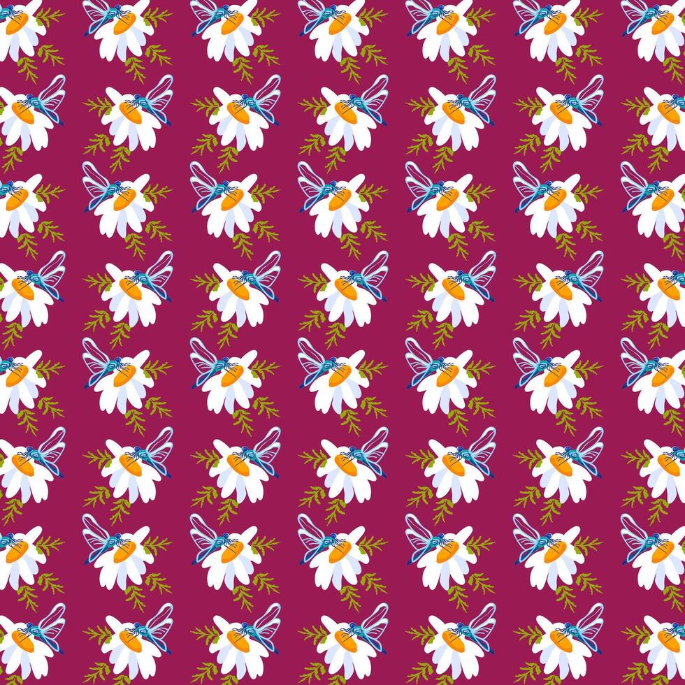 Seamless pattern daisy dragonfly Lilac background postcards posters banners Spring Summer fabric clothing Suitable wrapping paper wallpaper Textile template vector