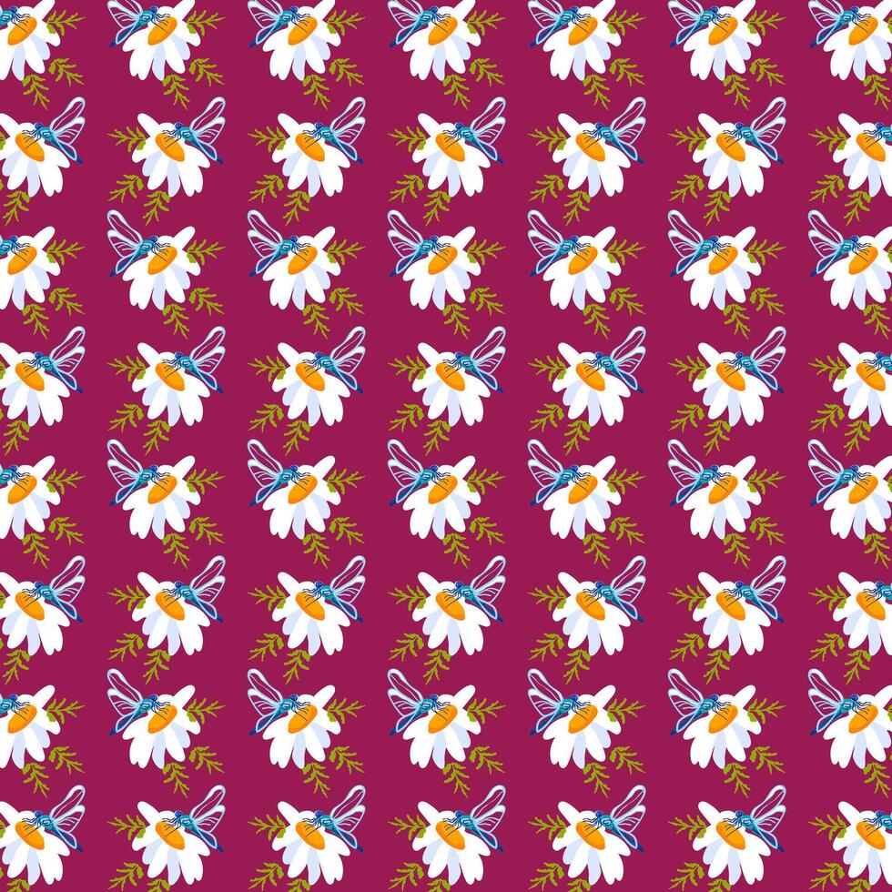 Seamless pattern daisy dragonfly Lilac background postcards posters banners Spring Summer fabric clothing Suitable wrapping paper wallpaper Textile template vector