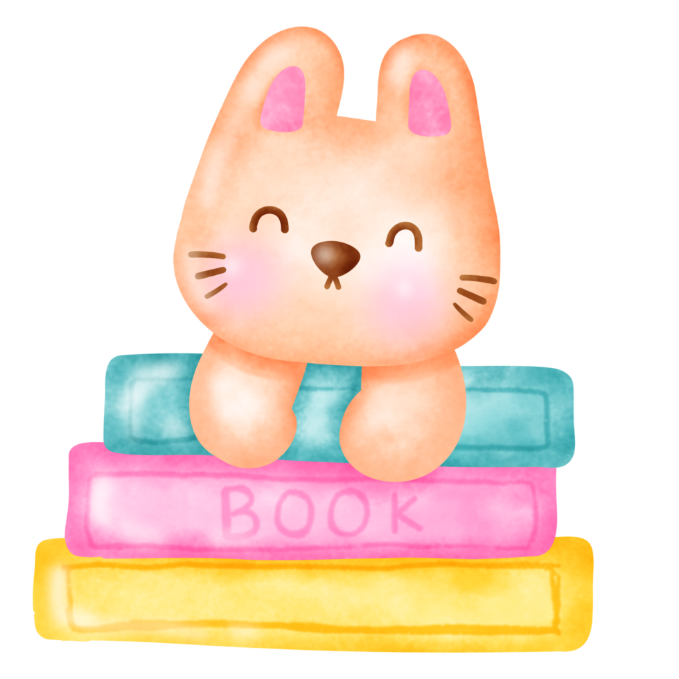 rabbit perched on a colorful stack of books png