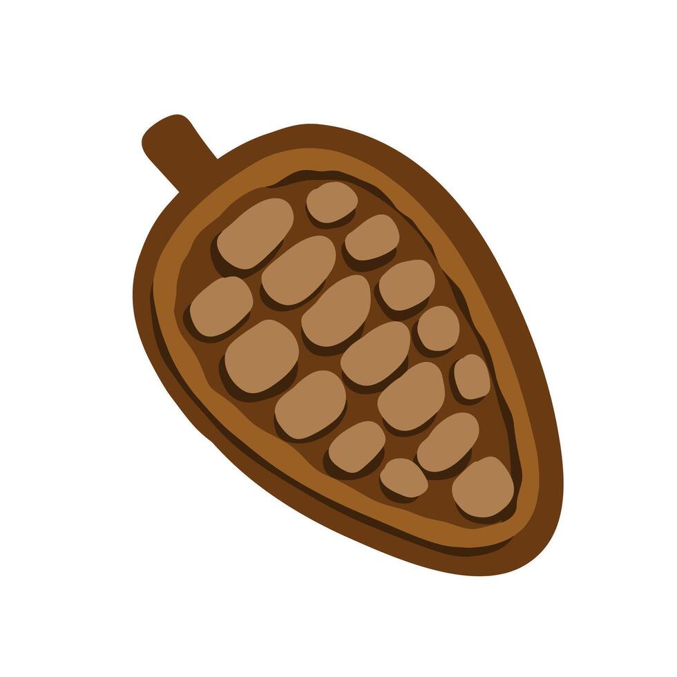 Cocoa beans flat illustration. Cartoon chocolate beans from cocoa tree. Natural nut and brown seed. Fruit sweet ingredient food on white background vector