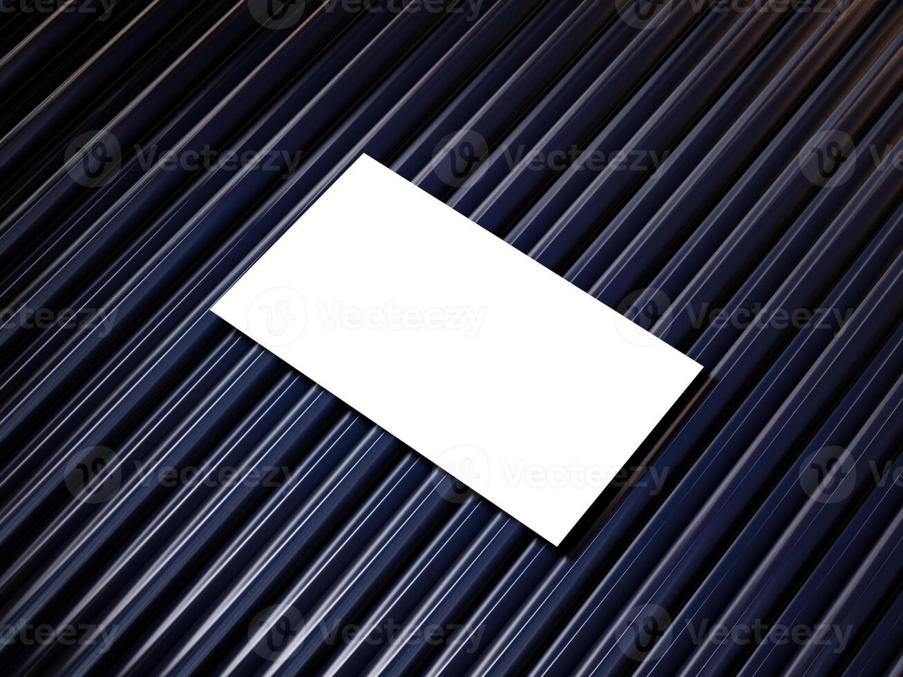 Closeup of empty white rectangle business card mockups lying diagonally on metallic blue background. Flat lay, top view. Open composition. Blank Template for Corporate Identity. Copy space. photo