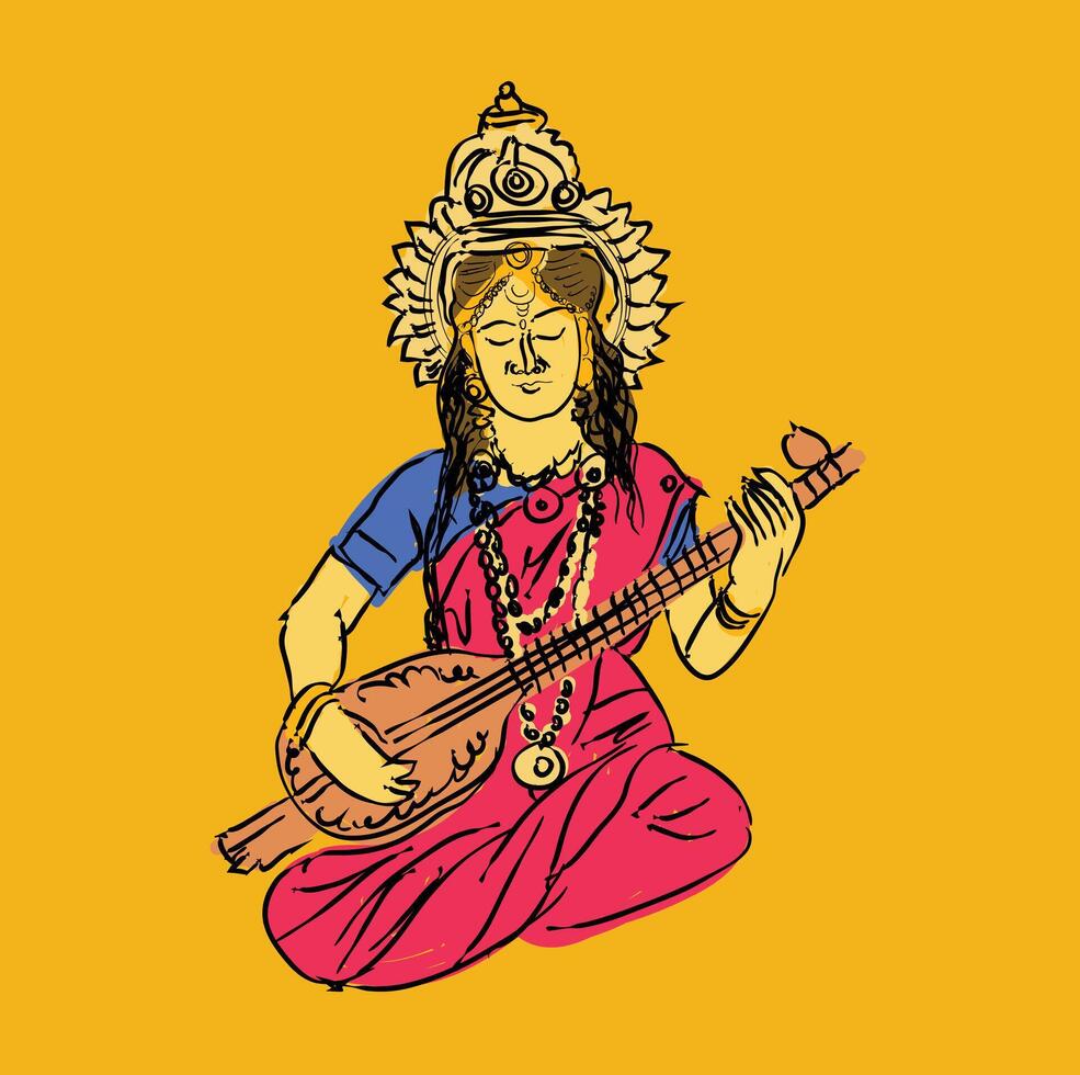 Goddess saraswati hand drawn art vector