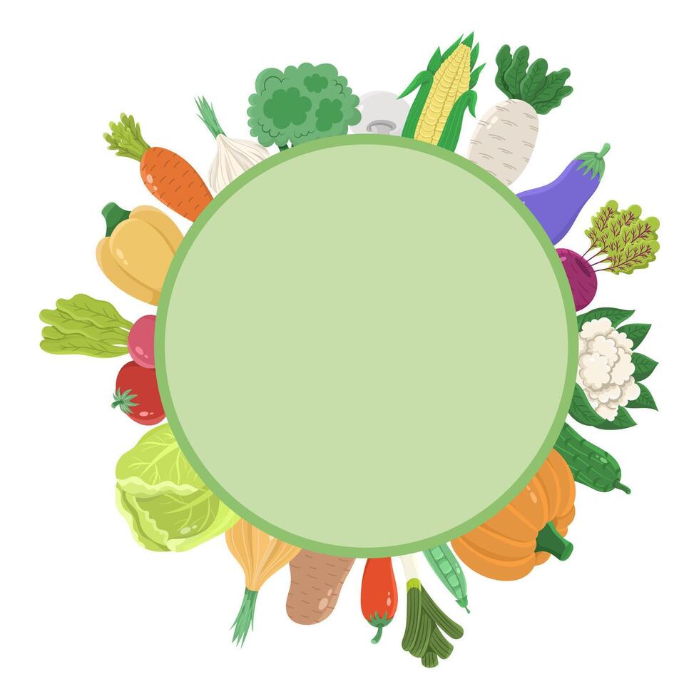 Round frame for text with different vegetables in cartoon flat on a white background. Illustration vector