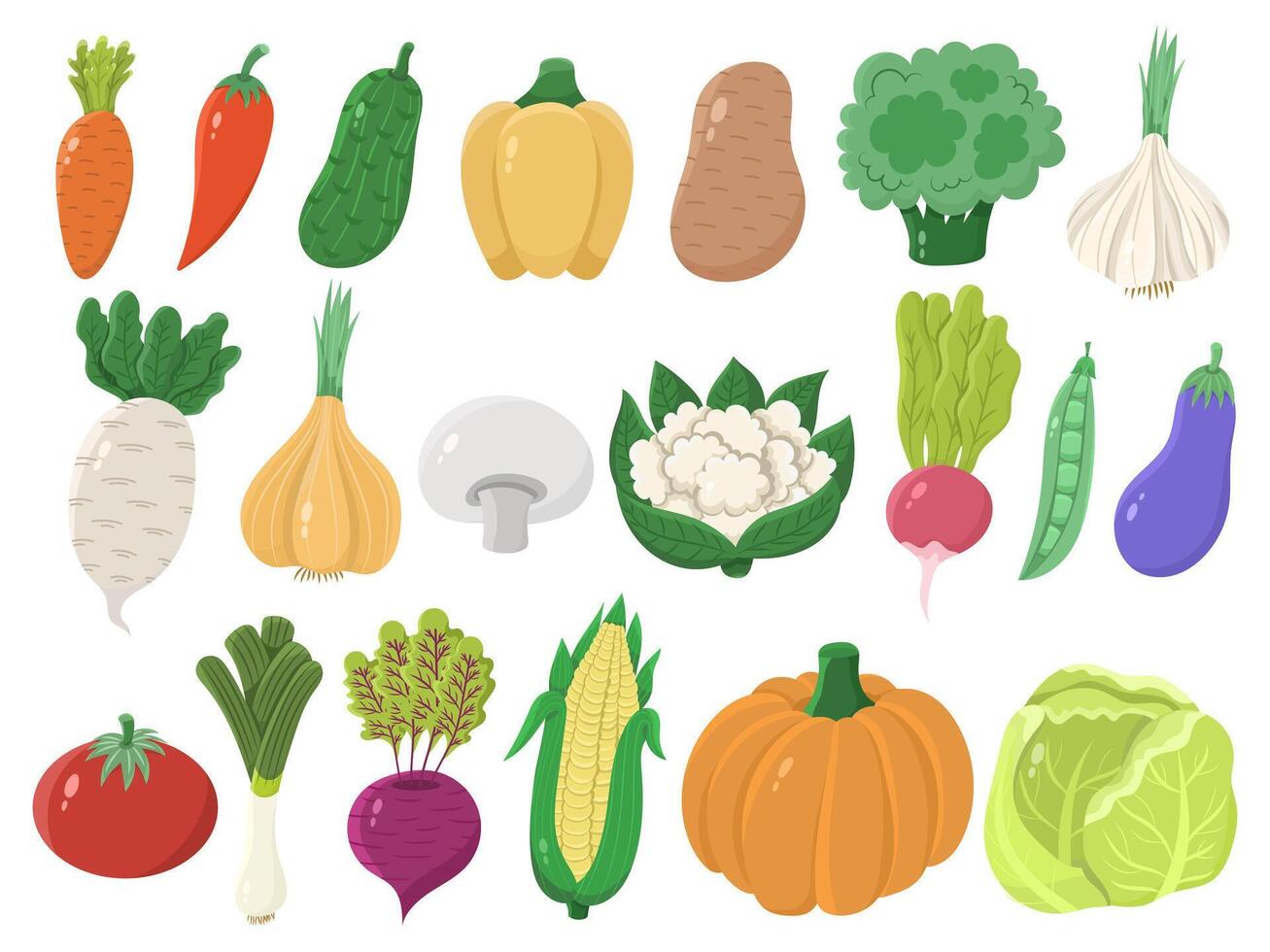 Large set of flat different vegetables on a white background. Cartoon different icons vector