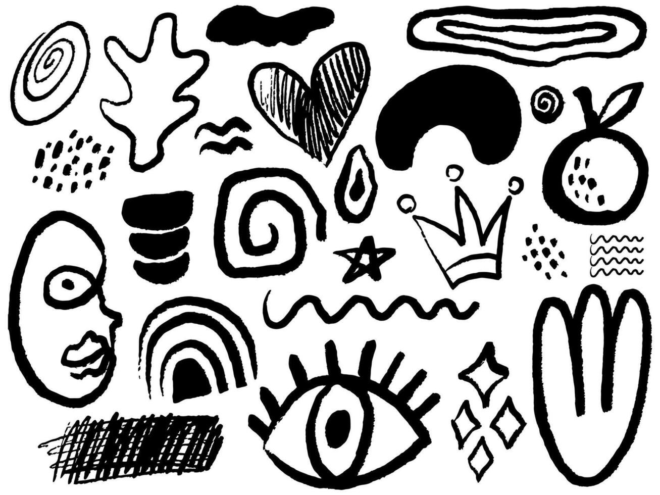 Charcoal graffiti doodle different shapes collection. Hand drawn abstract scribbles and squiggles, creative various shapes, pencil drawn icons vector