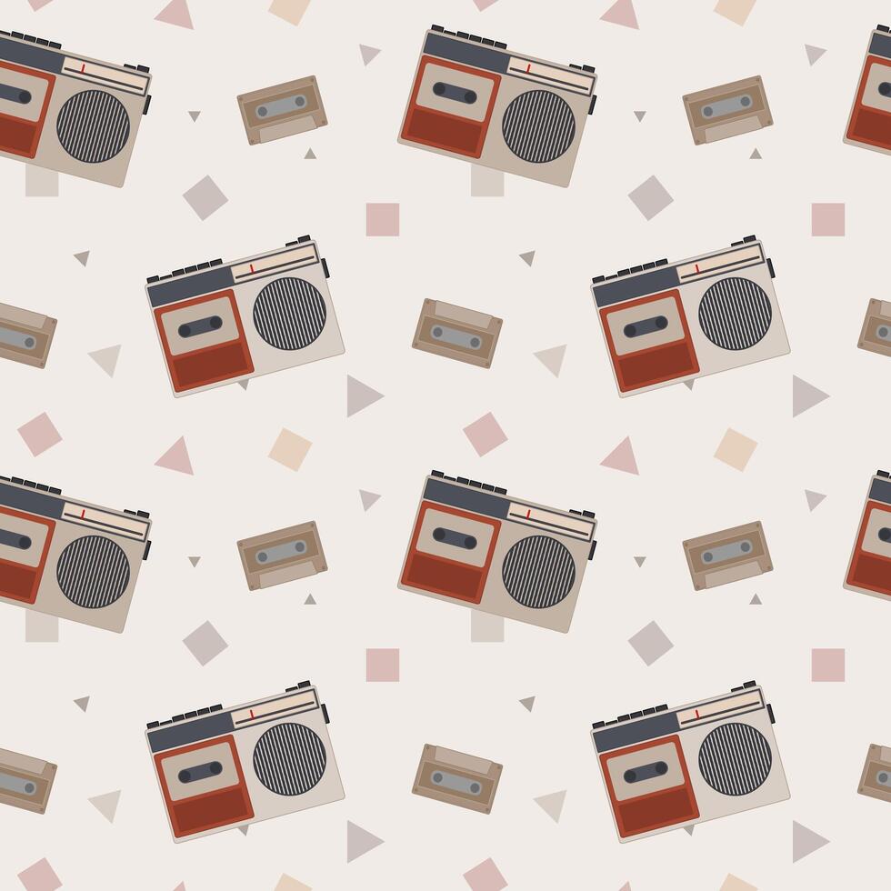 Retro Pop Radio Cassette Tape Seamless Pattern. Vintage style design vector