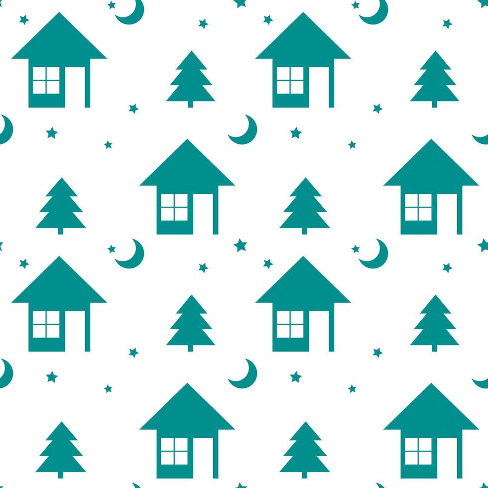 Houses and trees seamless pattern in emerald green flat style design for paper printing, textile, or wrapping paper vector