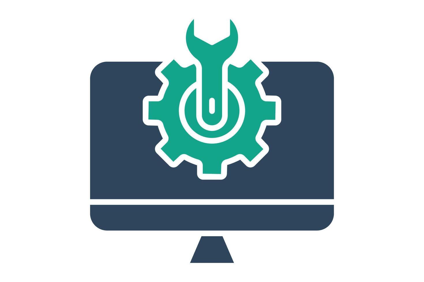 computer setting icon. computer with gear and wrench. icon related to information technology. solid icon style. technology element illustration vector