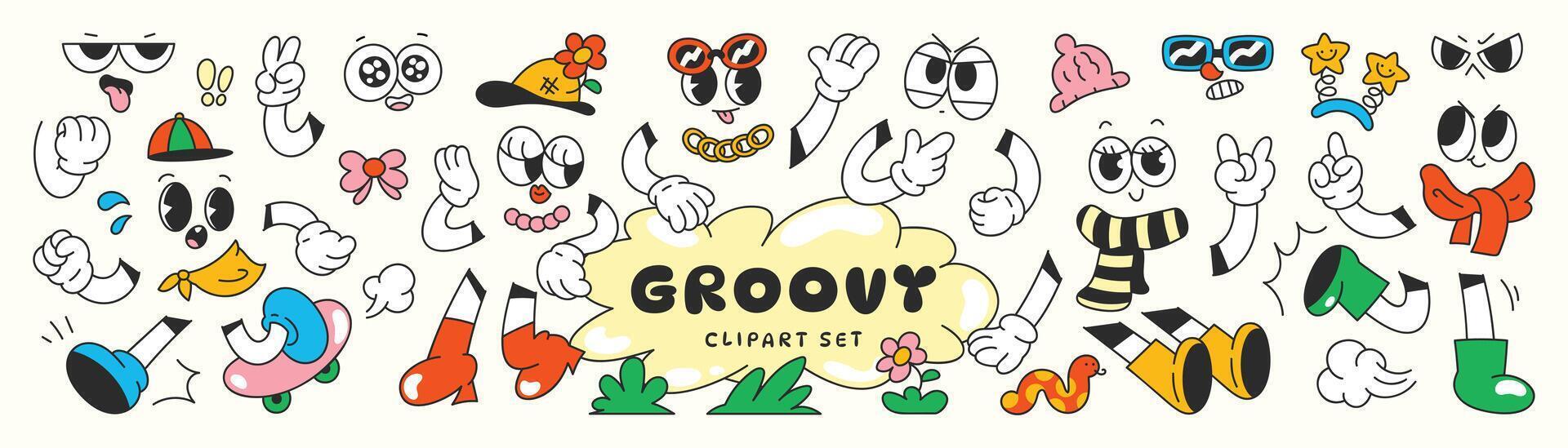 Set of 70s groovy comic . Collection of cartoon character faces in different emotions, hand, glove, glasses, hat, shoes. Cute retro groovy hippie illustration for decorative, sticker. vector