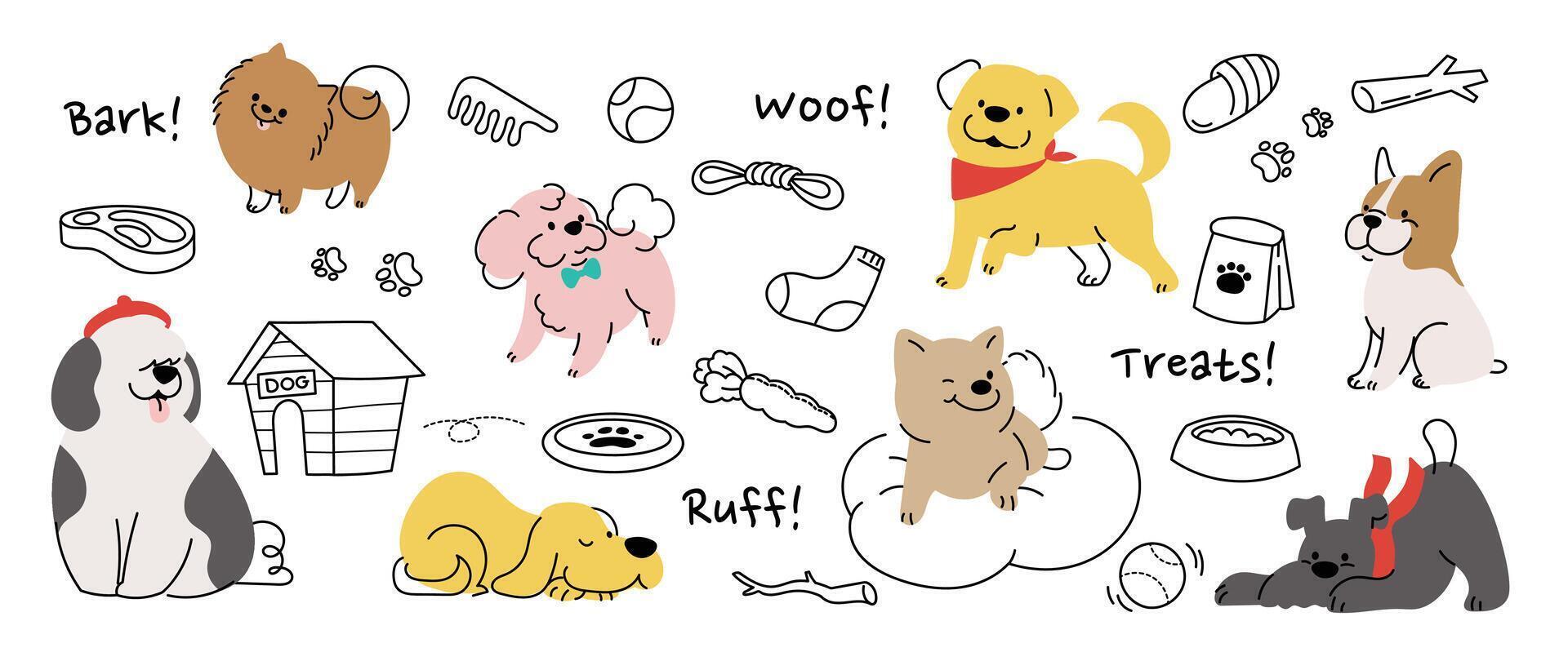 Cute dogs doodle set. Cartoon dog or puppy characters design collection with flat color in different poses, toy, ball, dog food, bowl. Set of funny pet animals isolated on white background. vector
