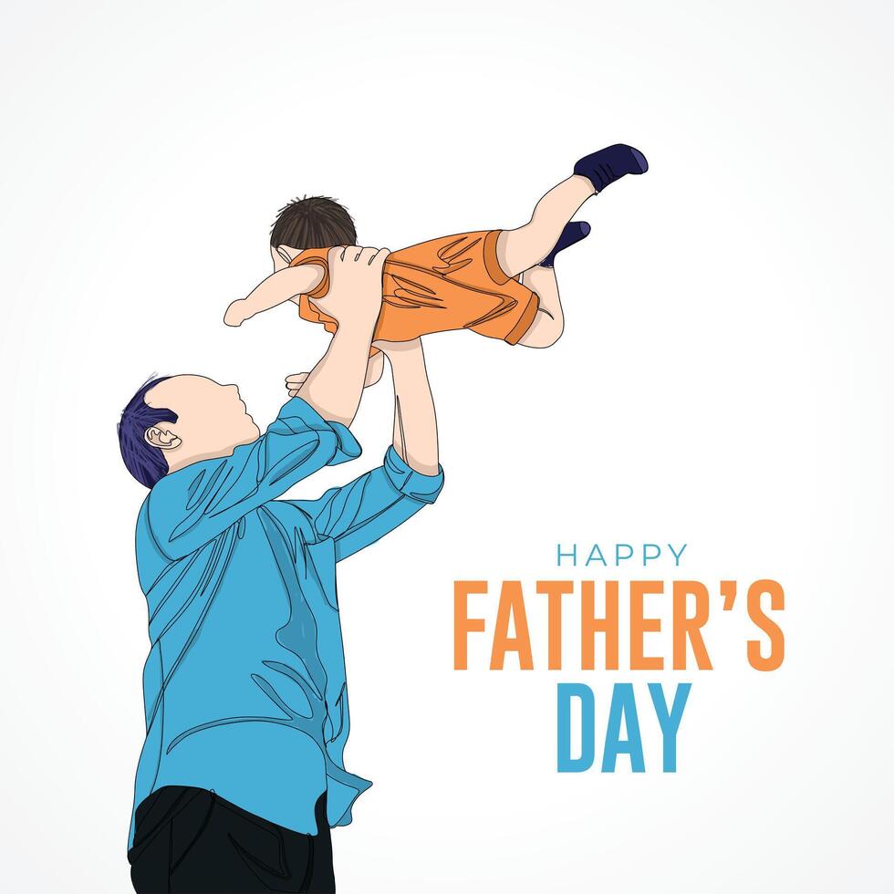 Happy father's day with dad and child hand drawn illustration, Happy father's day one line illustration vector