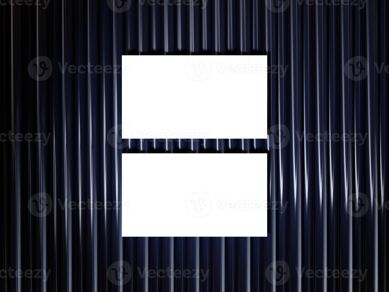 Closeup of empty white rectangle business card mockups lying diagonally on metallic blue background. Flat lay, top view. Open composition. Blank Template for Corporate Identity. Copy space. photo