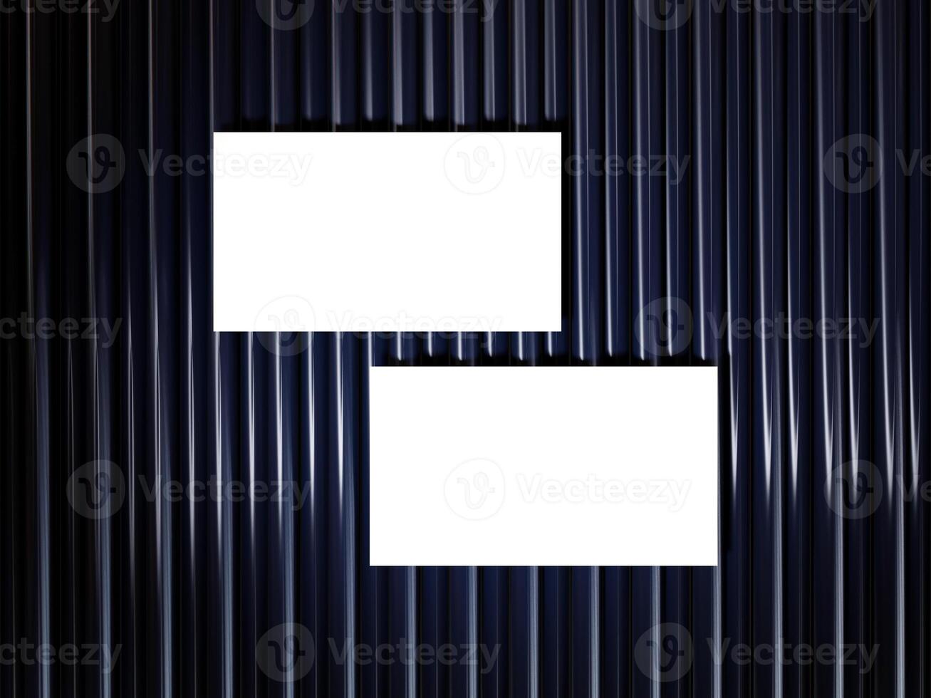 Closeup of empty white rectangle business card mockups lying diagonally on metallic blue background. Flat lay, top view. Open composition. Blank Template for Corporate Identity. Copy space. photo