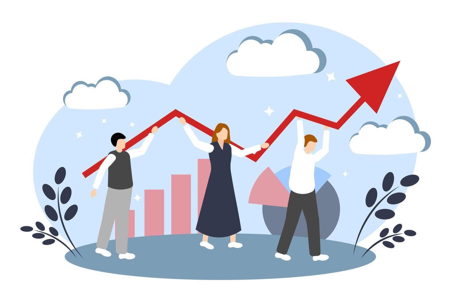 Well-coordinated teamwork. The concept of business partnership. Hired workers. People are carrying an arrow vector