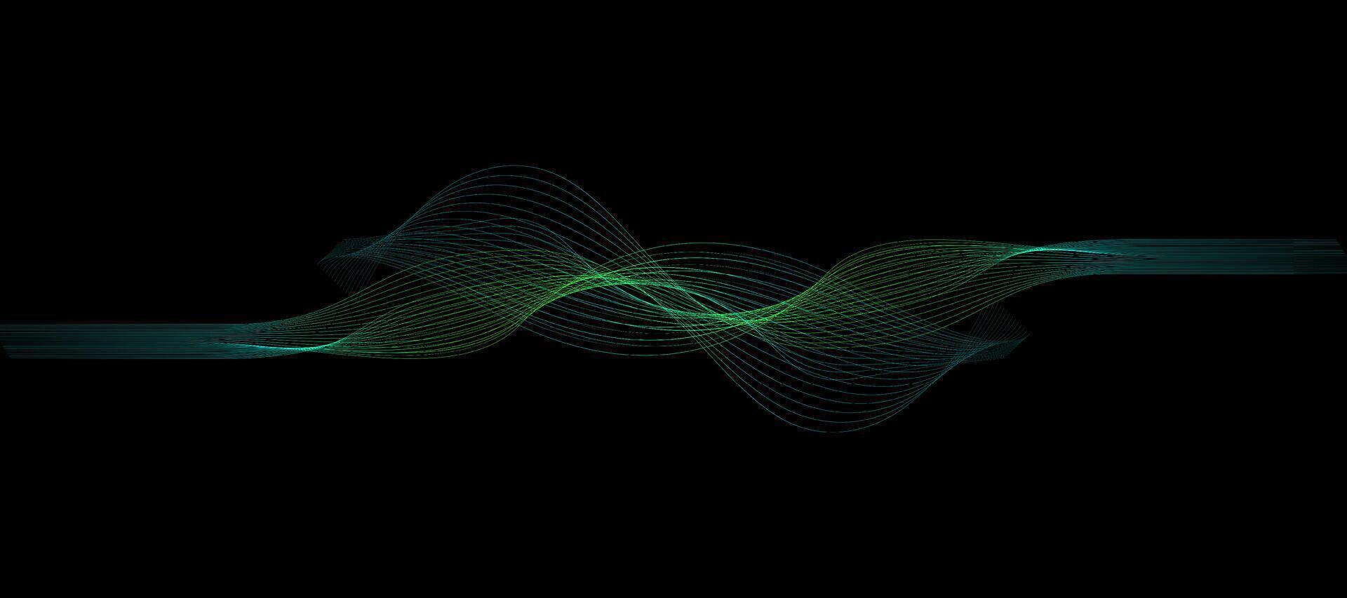 Abstract wavy dynamic blue green violet light lines curve banner on black background in concept technology, neural network, neurology, science, music, neon light vector