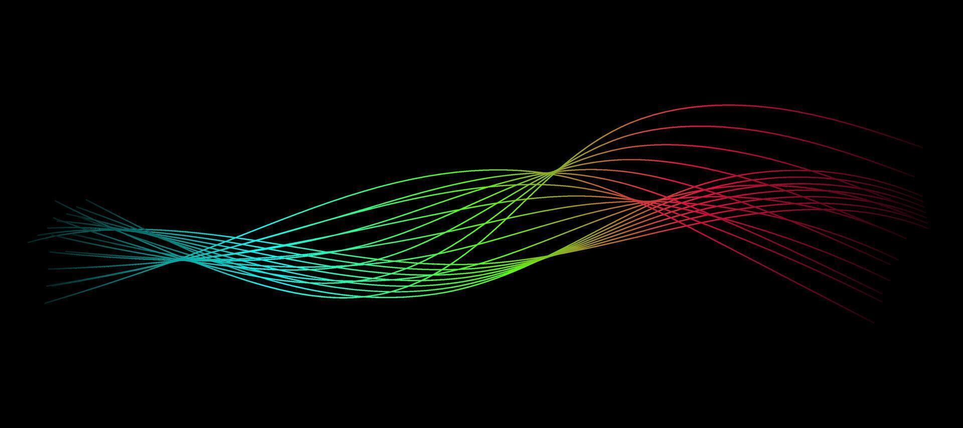 Abstract wavy dynamic blue green violet light lines curve banner on black background in concept technology, neural network, neurology, science, music, neon light vector