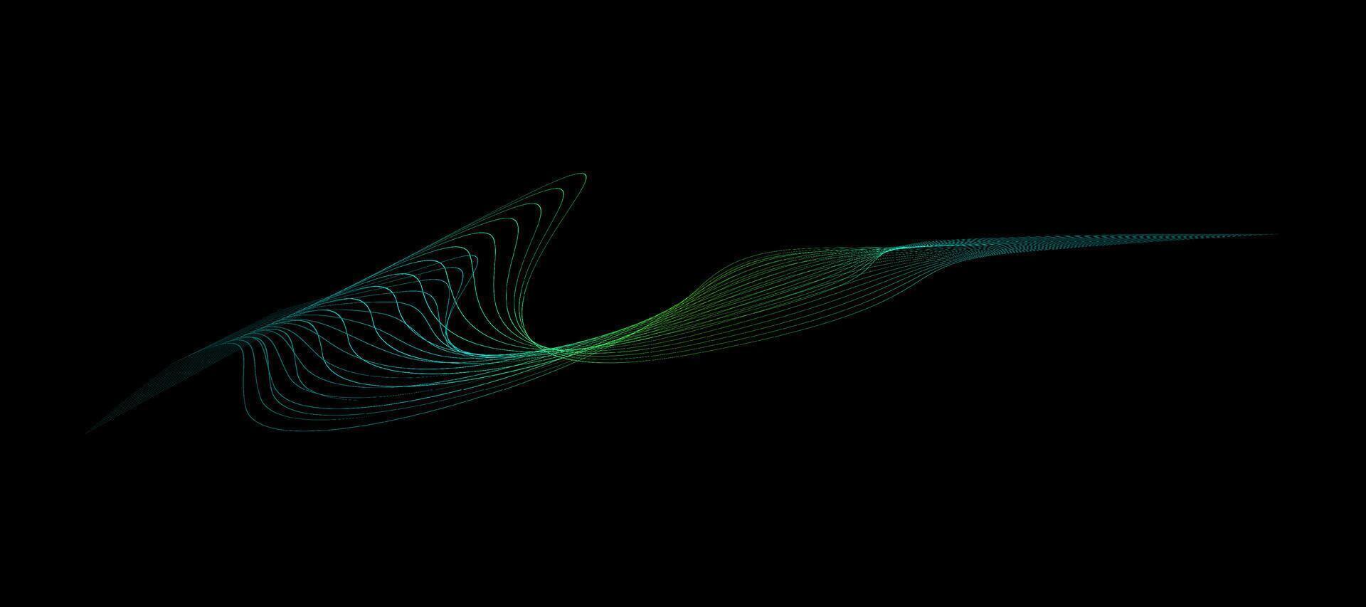 Abstract wavy dynamic blue green violet light lines curve banner on black background in concept technology, neural network, neurology, science, music, neon light vector