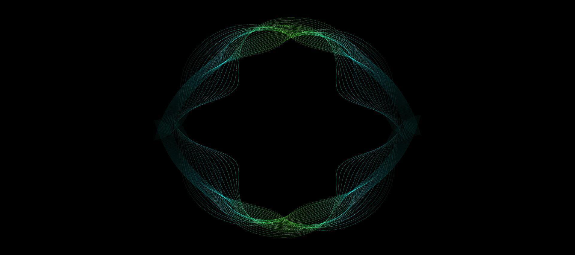 Abstract wavy dynamic blue green violet light lines curve banner on black background in concept technology, neural network, neurology, science, music, neon light vector