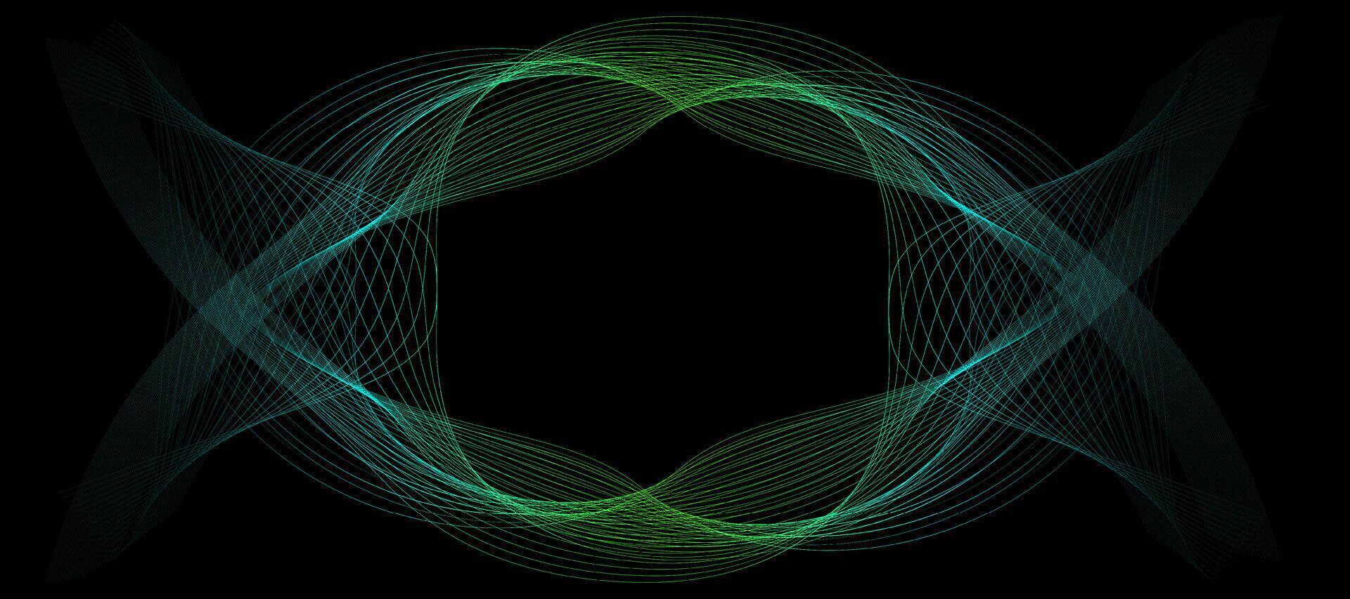 Abstract wavy dynamic blue green violet light lines curve banner on black background in concept technology, neural network, neurology, science, music, neon light vector
