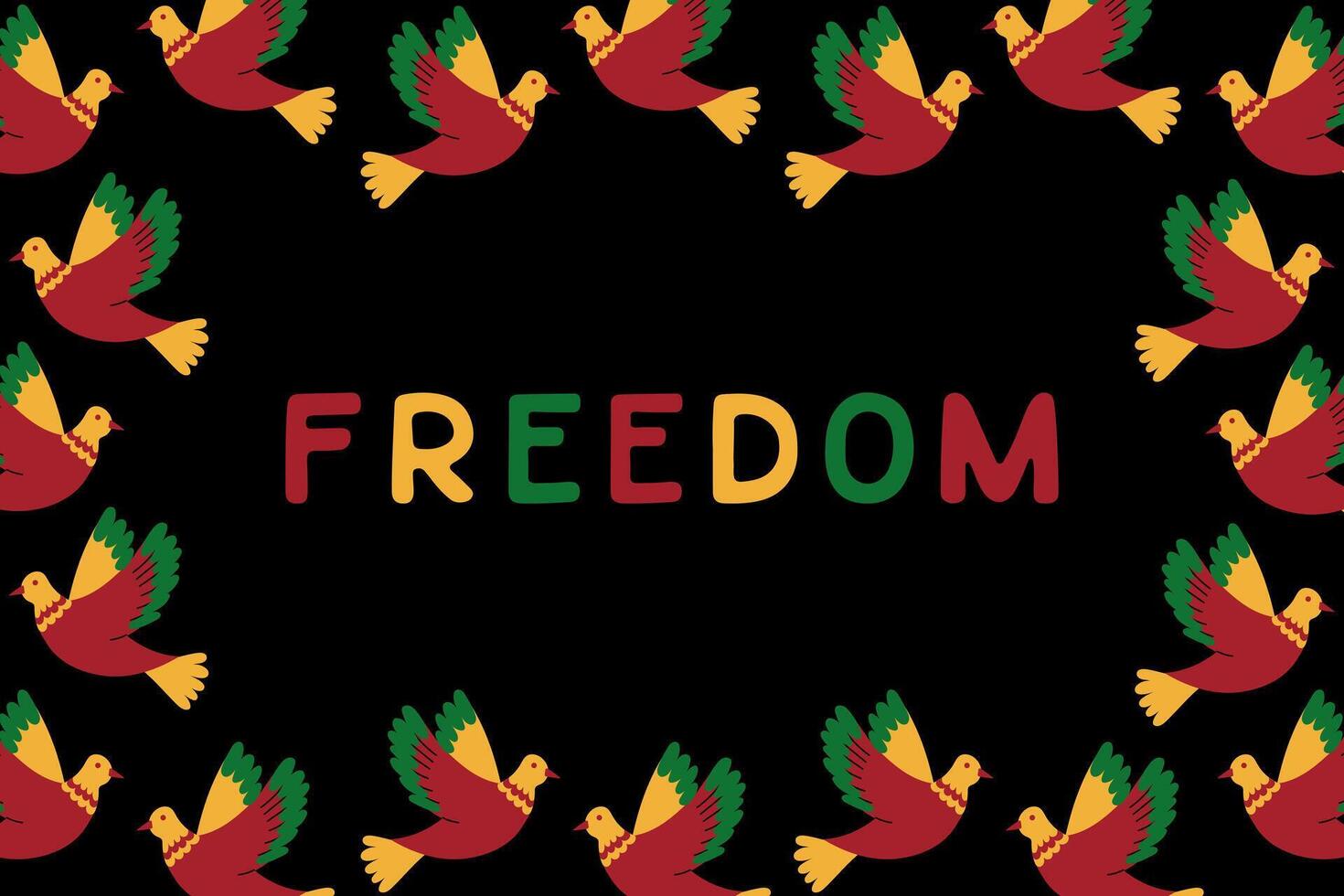 Flat Juneteenth horizontal banner and placard with text Freedom. flat animalistic elements in traditional African colors for social media. Isolated text on black background vector