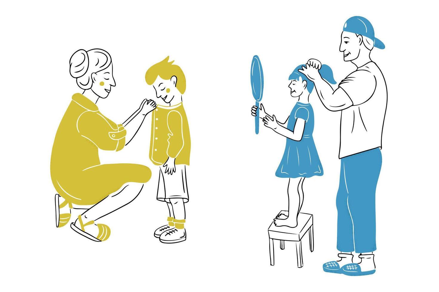 Contour doodle set with parents helping their children. Outline sketchy illustration isolated on white background. family and growing up concept for logo, sticker vector