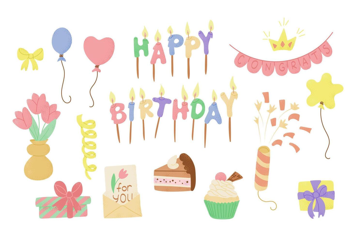 Flat candy pastel colored birthday hand drawn set of items for kids party with cake and gifts. trendy textured illustrations isolated on white background vector