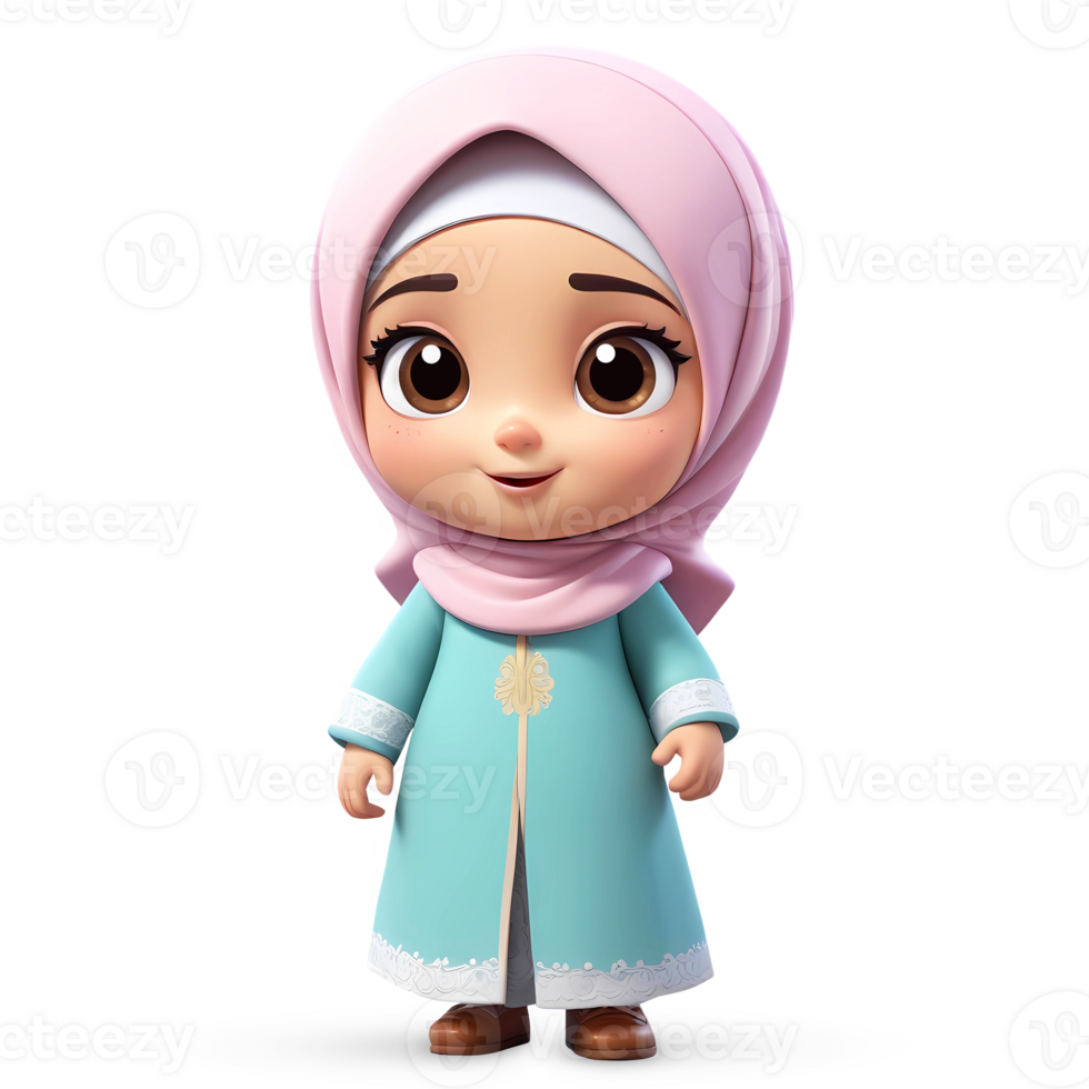 3d rendering little girl in hijab cartoon character png