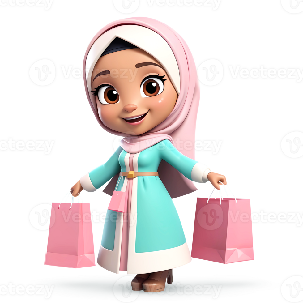 3d rendering little girl in hijab cartoon character holding pink shopping bags png