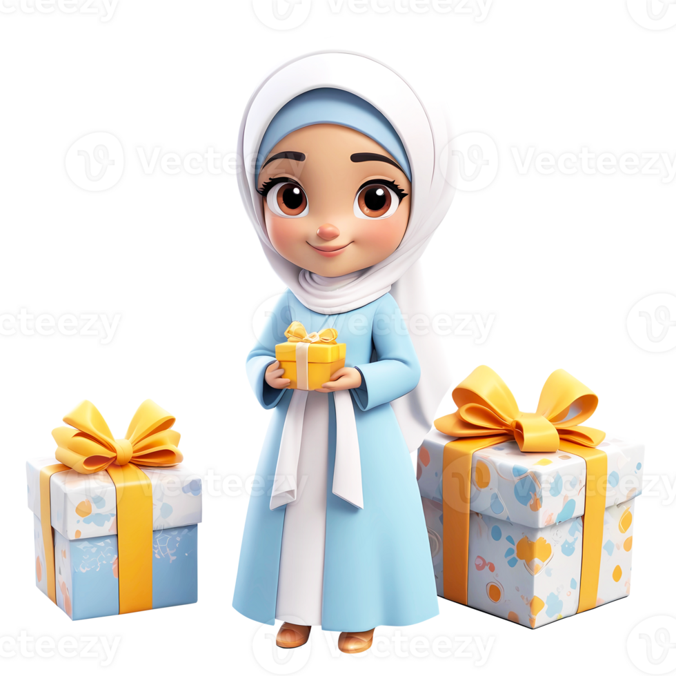 3d rendering little girl in hijab cartoon character holding gift png