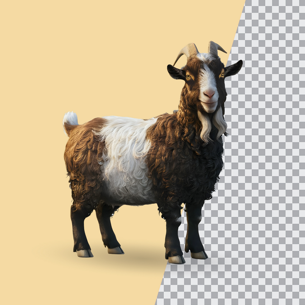 3d realistic Horn Goat on transparent background, best 3d render goat for Eid ul adha islamic festival psd