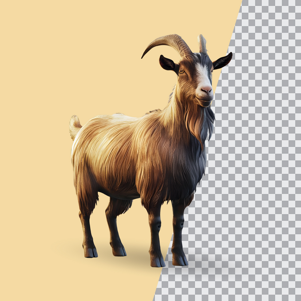 3d realistic Horn Goat on transparent background, best 3d render goat for Eid ul adha islamic festival psd