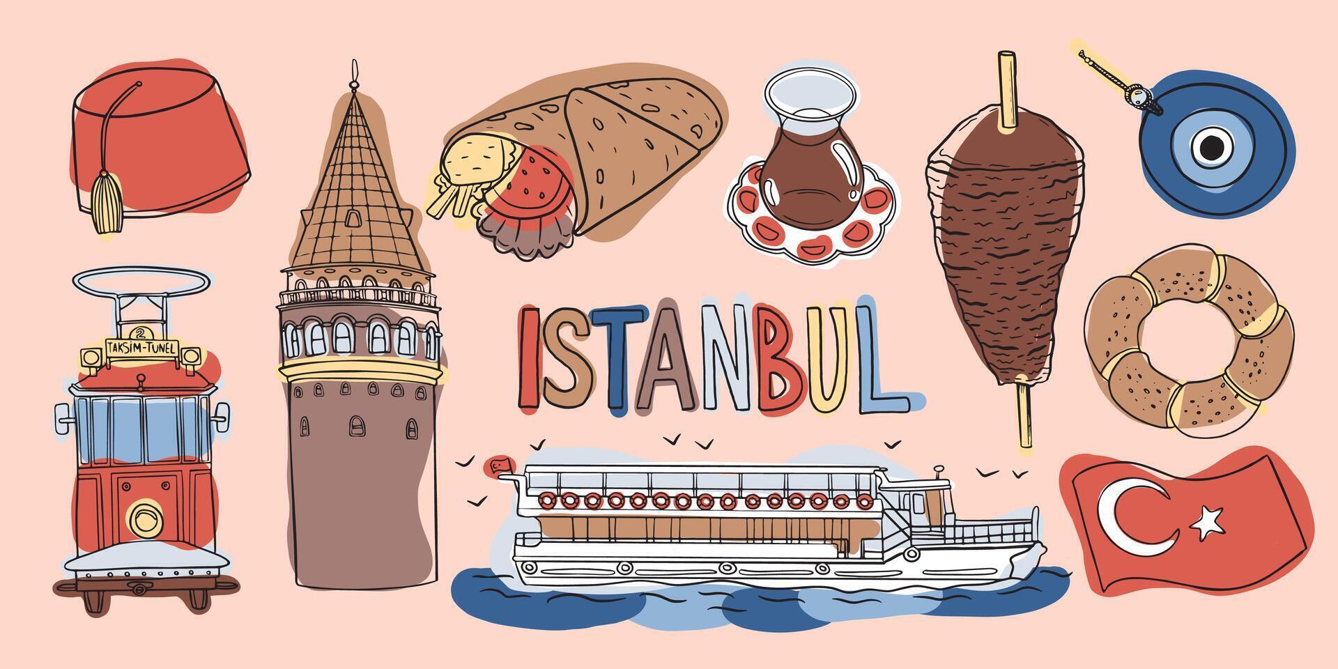 Colorful illustration of Istanbul landmarks and cultural icons, featuring food, architecture, and symbols. vector