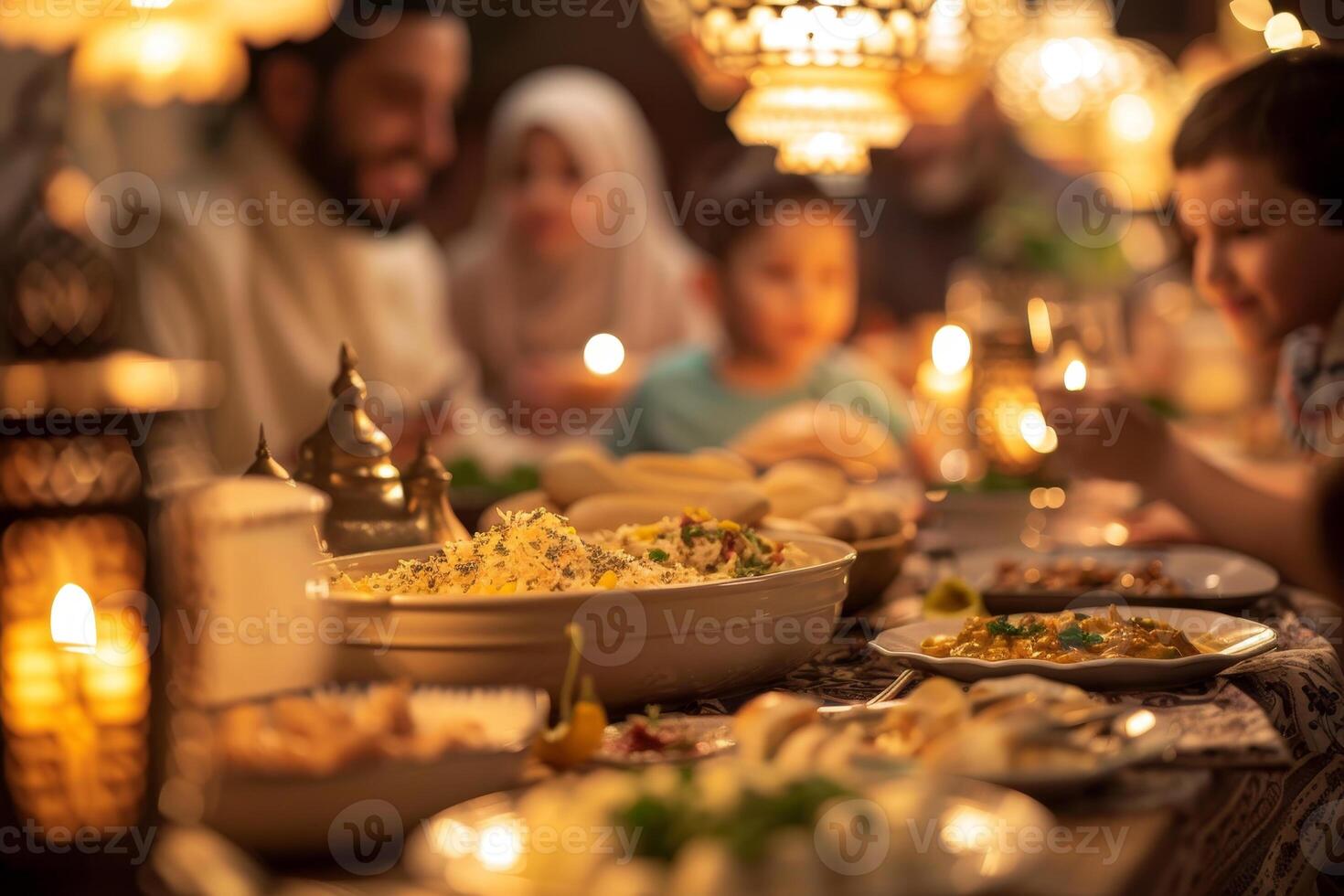 A family is gathered around a table with a variety of food photo