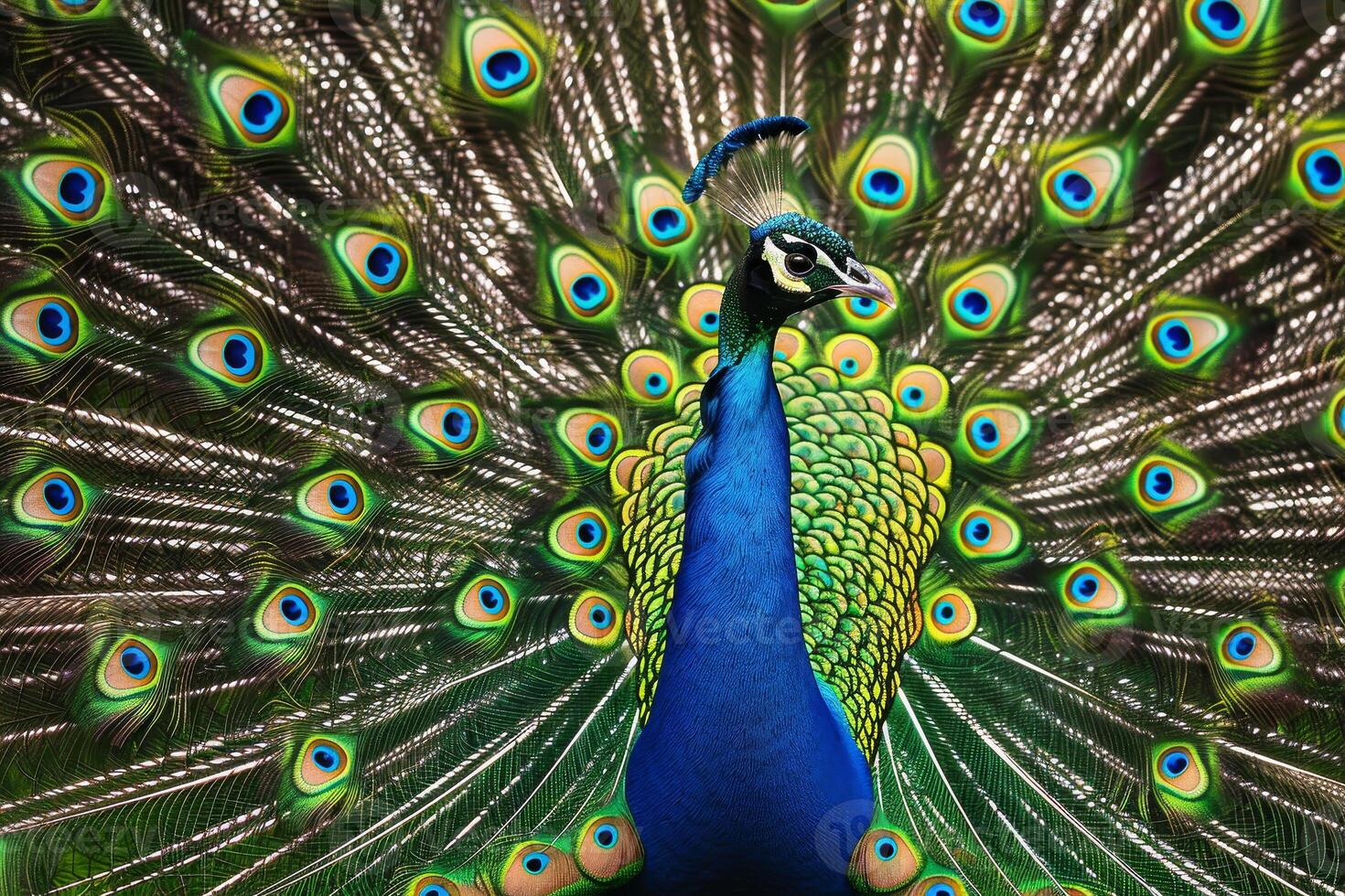 A peacock with its head up and feathers spread out photo