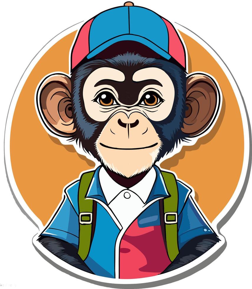 monkey sticker with a cap and backpack vector