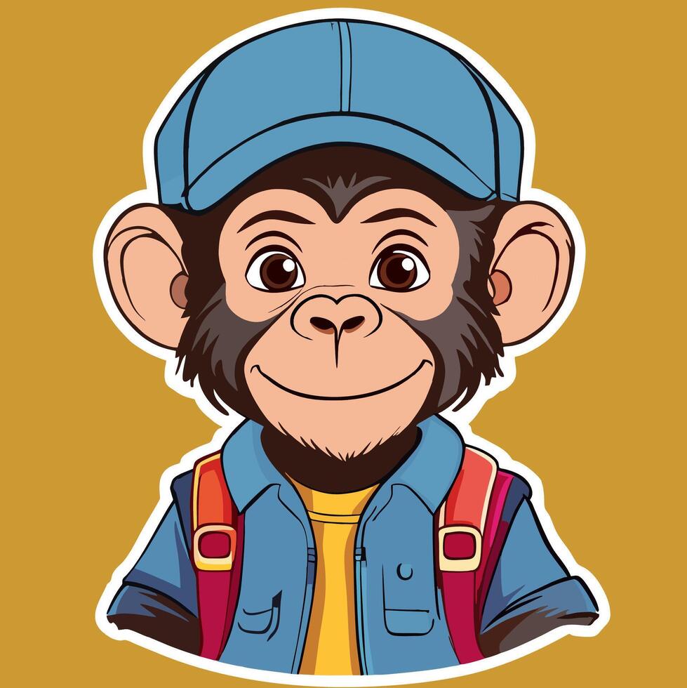 monkey sticker with backpack and cap vector