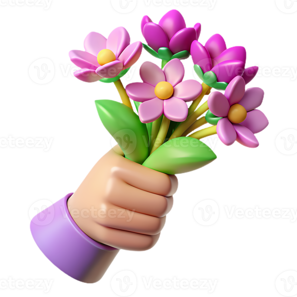 3d illustration of a hand holding a bouquet of vibrant pink flowers, ideal for digital content, greeting cards, and creative projects png
